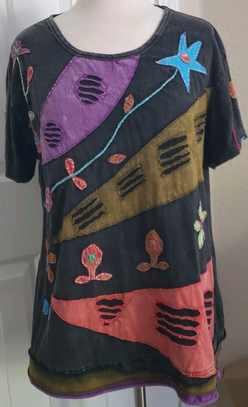Rising International Boho Patchwork Applique Cotton Tunic Top Nepal Artwear 3xl